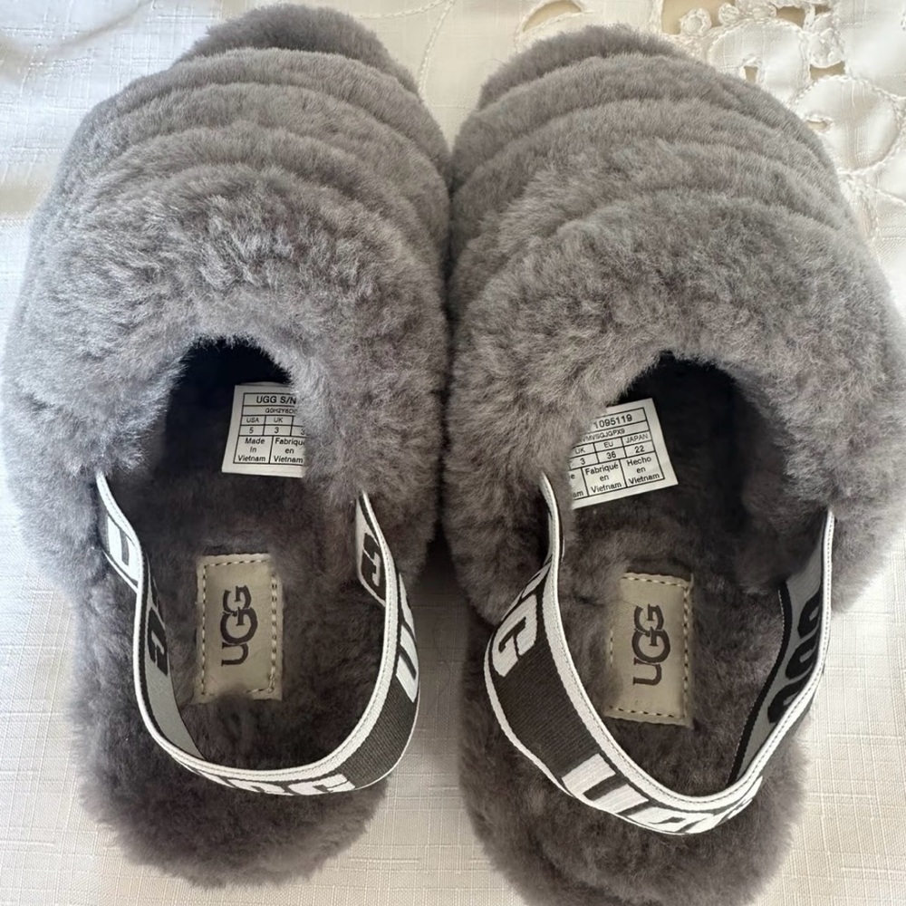 UGG Charcoal Fluffy Slides with logo size 8